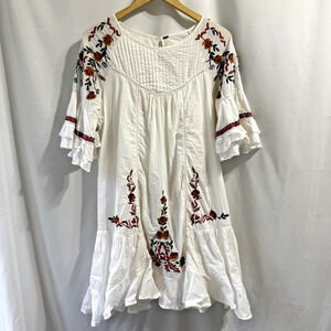 Free People Pavlo Floral Embroidered Dress Womens Large White Boho Peasant Flowy